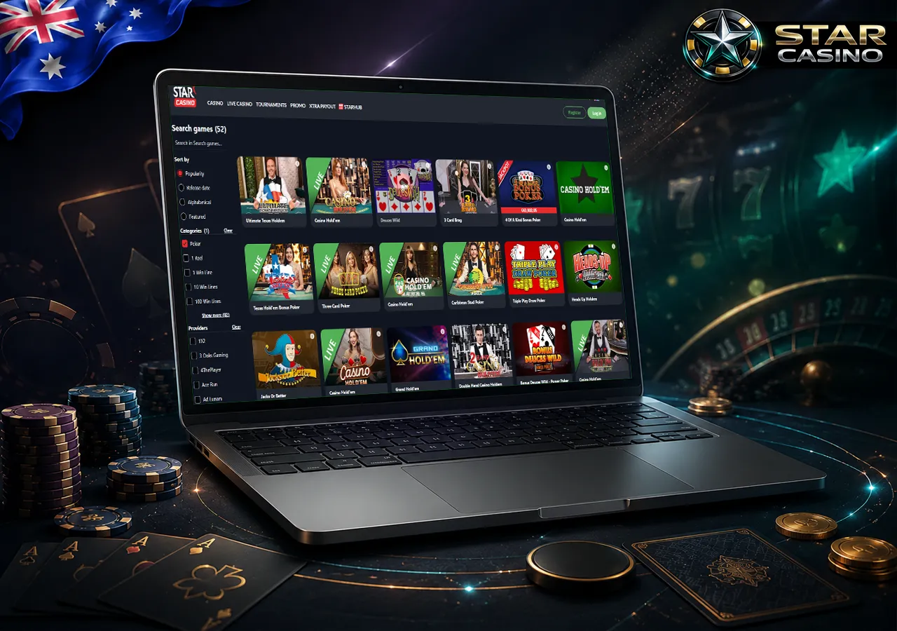 Online poker on laptop with cards, chips and digital table atmosphere