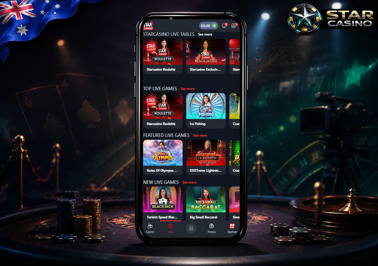 Live casino on smartphone with studio table and real-dealer feel