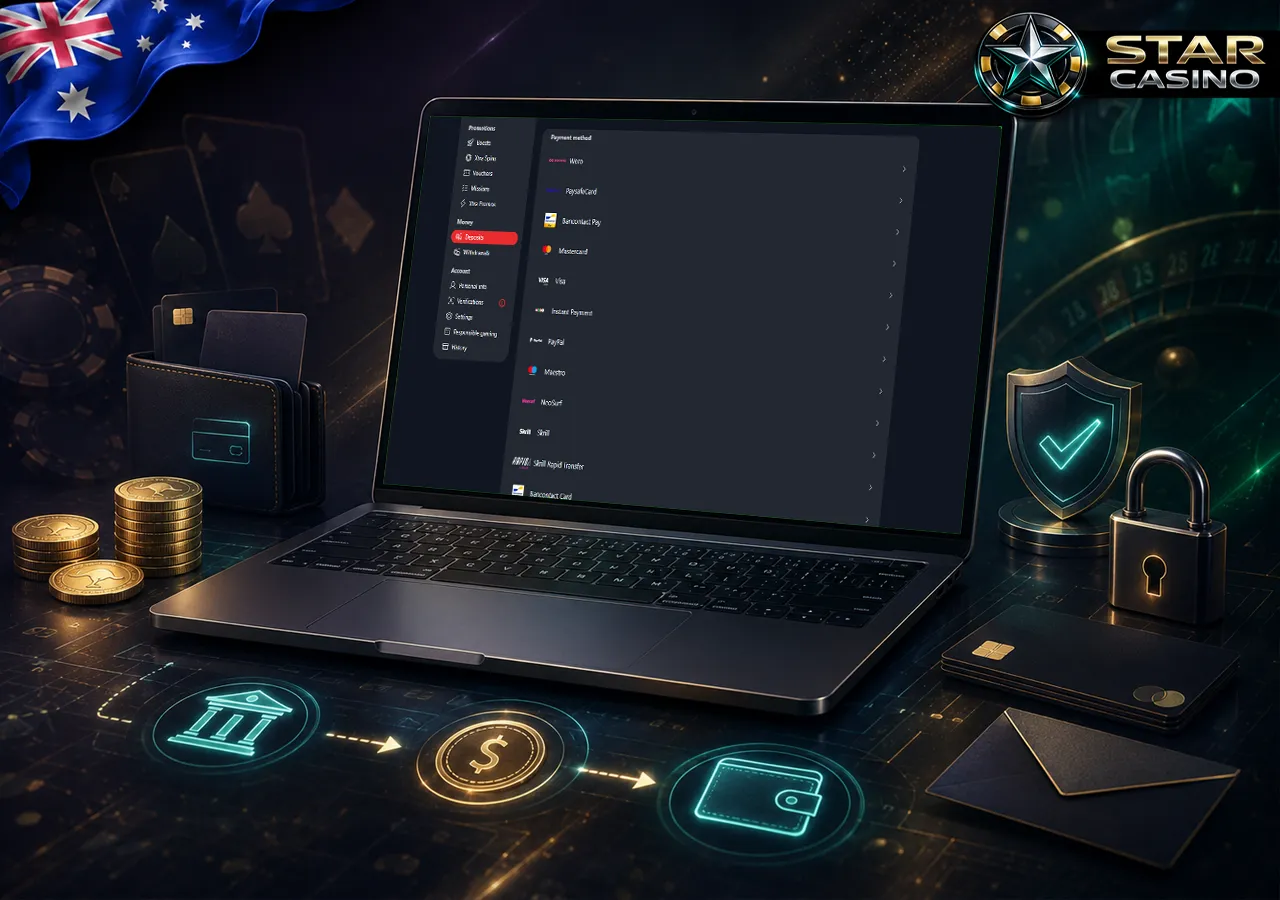 Casino payments with laptop, bank cards, AUD coins and secure transfer