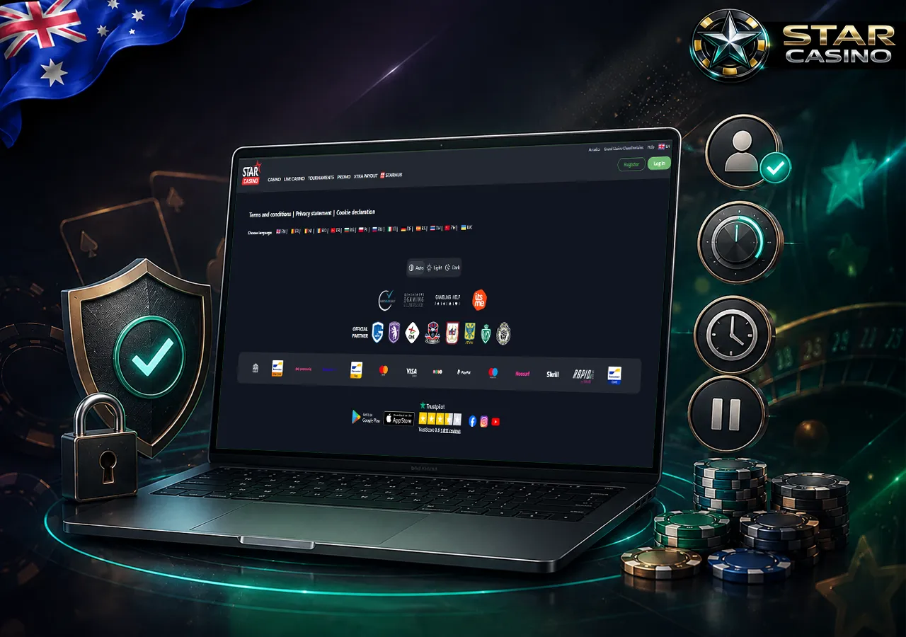 Safe play with laptop, shield, limits, lock and calm casino setting