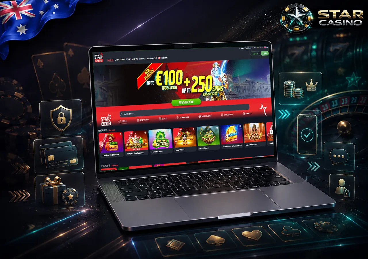 Main casino features with laptop, chips and digital gaming elements