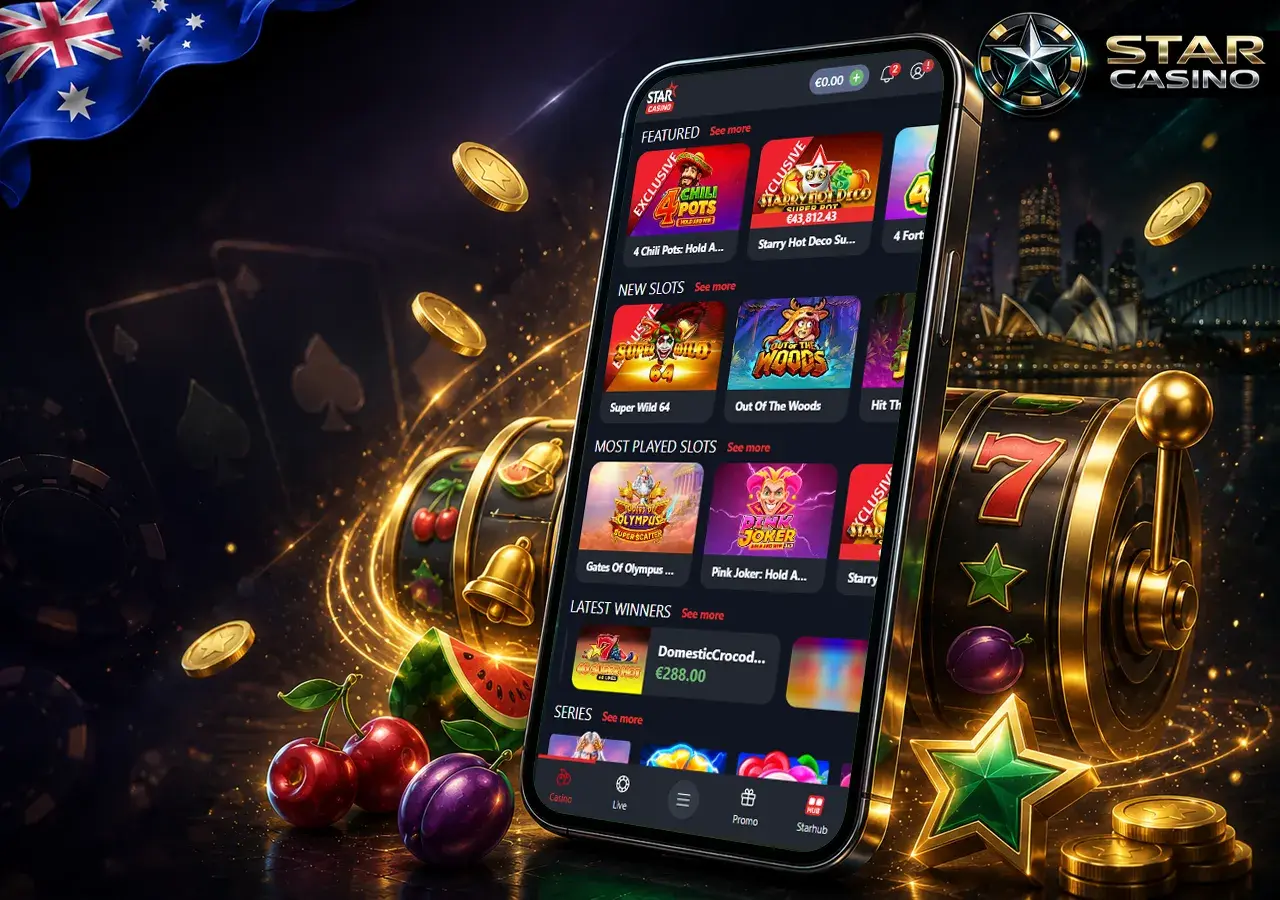 Online pokies on mobile with reels, coins and bright casino visuals