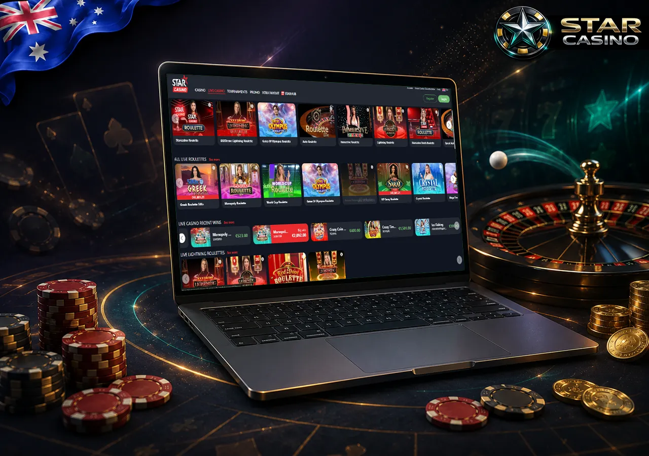Online roulette with laptop, wheel, ball and chips on a dark background